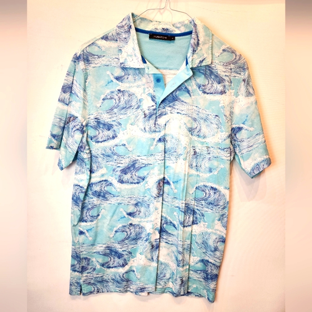 New Bugatchi Men's Polo Shirt‎ Tropical Print Ocean Waves Luxury Cotton Large